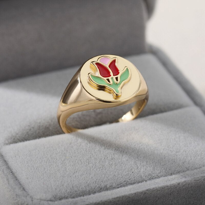 18K Gold Tulip Ring, Gold Flower Ring, Flower Signet Ring, Tulip Signet Ring, Korean Fashion Ring for Women, Gift for Her