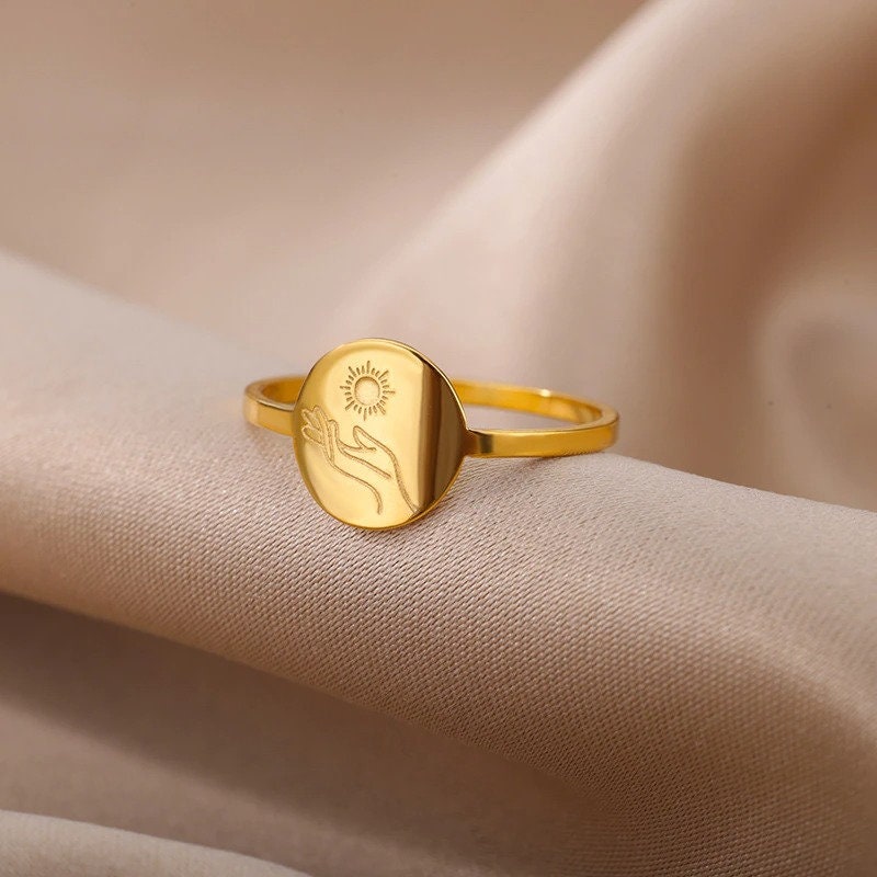 Boho Engraved Sun Goddess, 18K Gold Yogi Stackable Ring, Dainty Minimalist Jewelry, Delicate Handmade for Women, Gift for Her