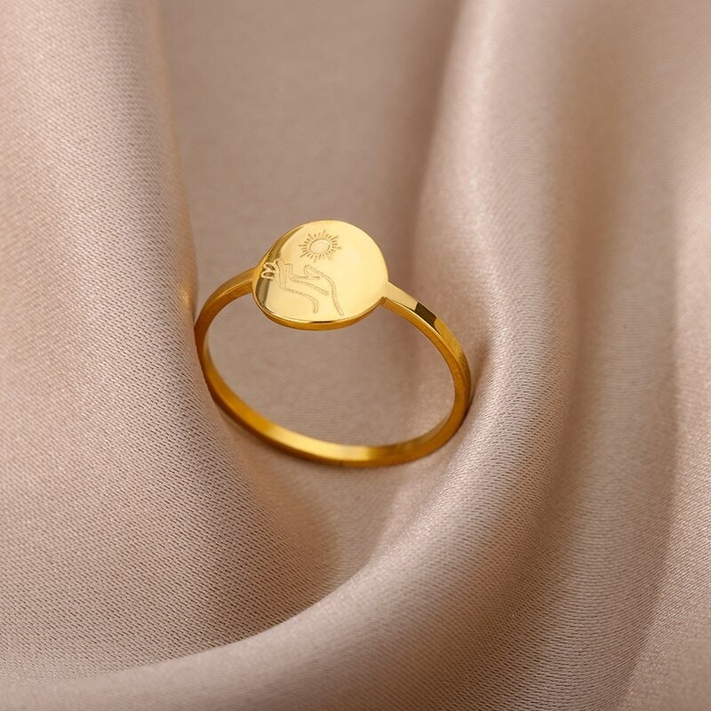 Boho Engraved Sun Goddess, 18K Gold Yogi Stackable Ring, Dainty Minimalist Jewelry, Delicate Handmade for Women, Gift for Her