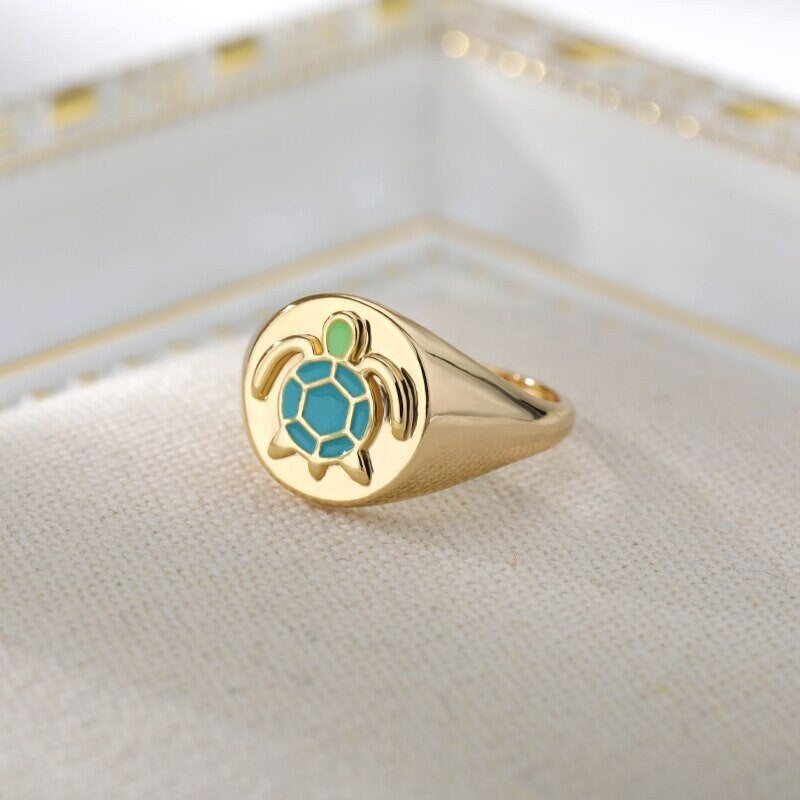 Boho Cute Turtle Signet, 18K Gold Yogi Stackable Ring, Dainty Minimalist Jewelry, Delicate Handmade for Women, Gift for Her