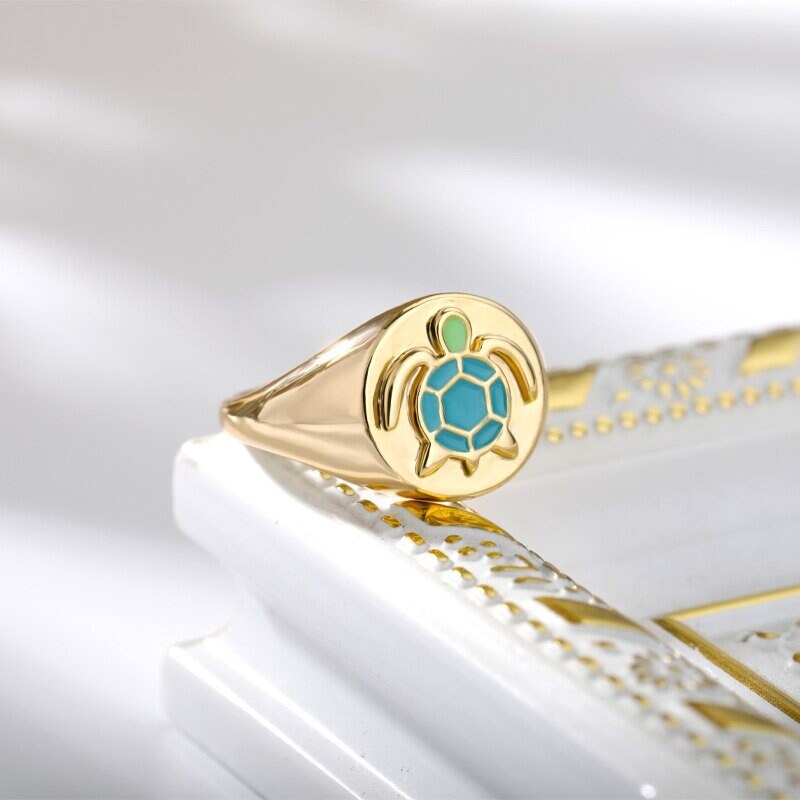 Boho Cute Turtle Signet, 18K Gold Yogi Stackable Ring, Dainty Minimalist Jewelry, Delicate Handmade for Women, Gift for Her