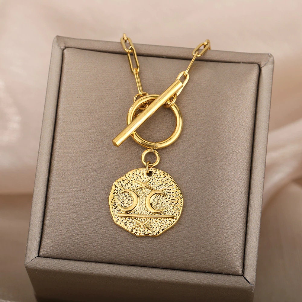 18K Gold Organic Coin Charm, Moon Coin Charm, Gold Moon Necklace, Punk Fashion Necklace for Women, Gift for Her