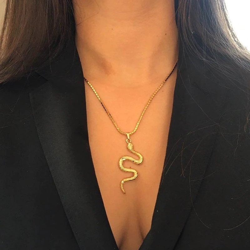 18K Gold Snake Pendant, Gold Snake Charm, Gold Snake Necklace, Punk Snake Fashion Necklace for Women, Gift for Her