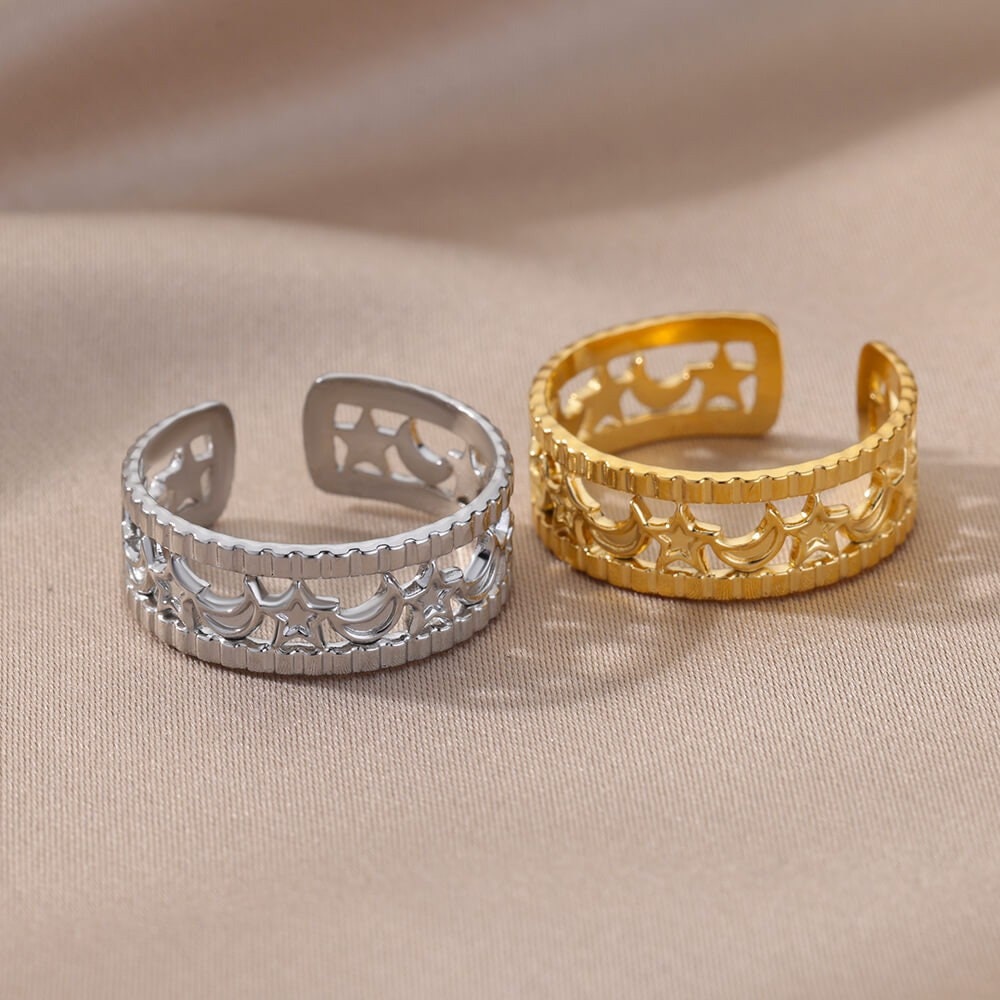 Cute Moon Ring, Cute Stars Ring, 18K Gold Moon Ring, Gold Stars Ring, Celestial Fashion Ring for Women, Gift for Her