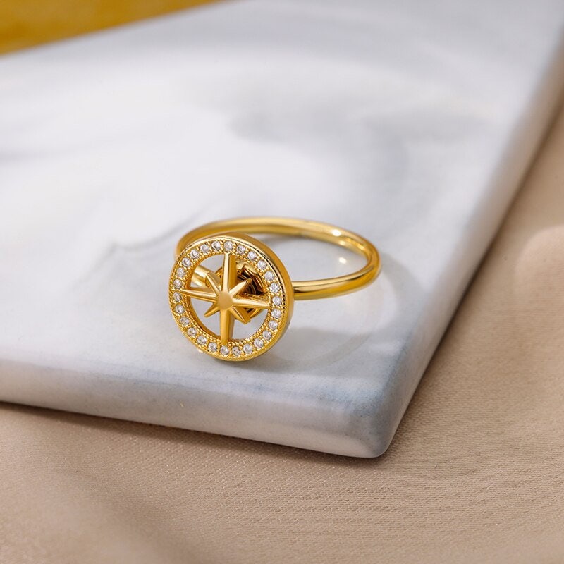 18K Gold Compass Ring, Crystal Compass Ring, Crystal Compass Ring, Compass Fashion Ring for Women, Gift for Her