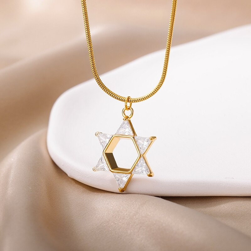 18K Gold Hexagram Necklace, Gold Star Necklace, Crystal Star Necklace for Women, Gift for Her