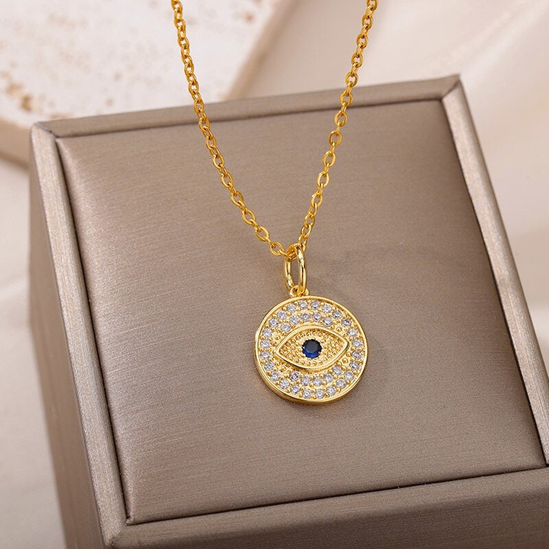 Gothic Evil Eye Charm, 18K Gold Evil Eye Charm, Gold Evil Eye Necklace, Gothic Fashion Necklace for Women, Gift for Her