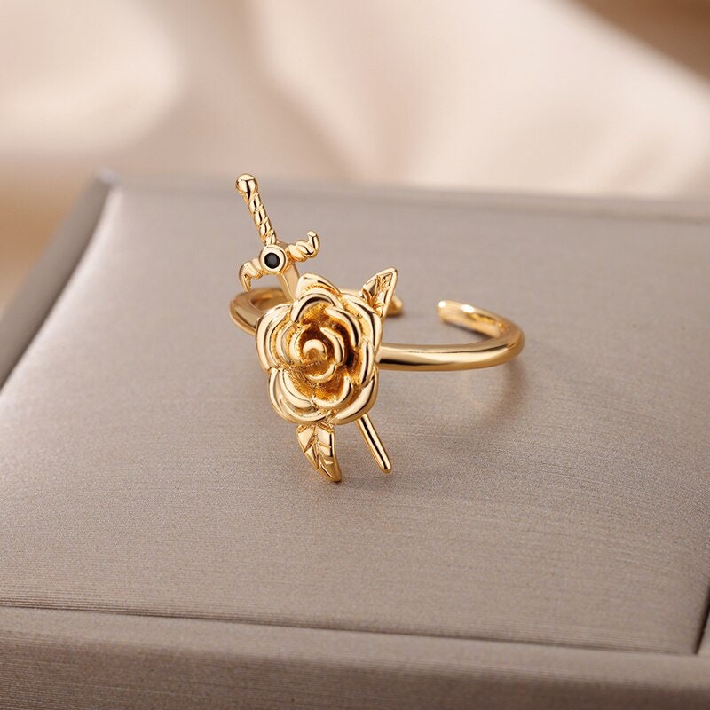 Punk Rose &amp; Sword Ring, Gold Rose Ring, 18K Gold Plated, Dainty Gothic