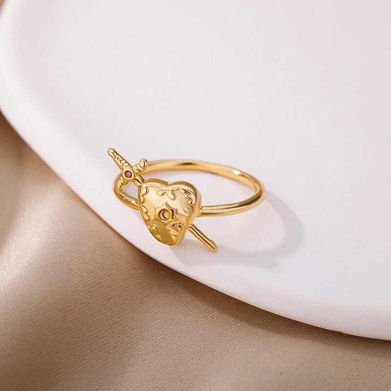 18K Gold Sword Ring, Gothic Heart Ring, Dagger Charm Ring