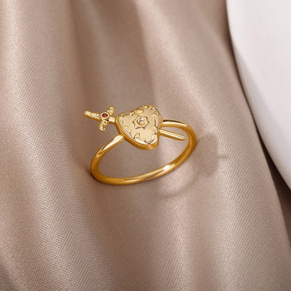 18K Gold Sword Ring, Gothic Heart Ring, Dagger Charm Ring