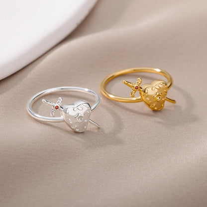 18K Gold Sword Ring, Gothic Heart Ring, Dagger Charm Ring