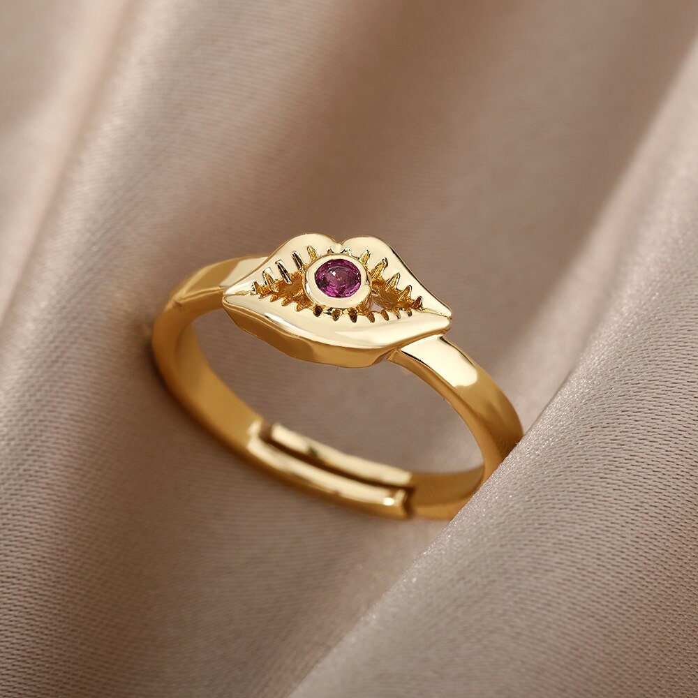 Punk Evil Eye Ring, 18K Gold Evil Eye Ring, Gold Lips Ring, Evil Eye Lips Ring, Punk Fashion Ring for Women, Gift for Her