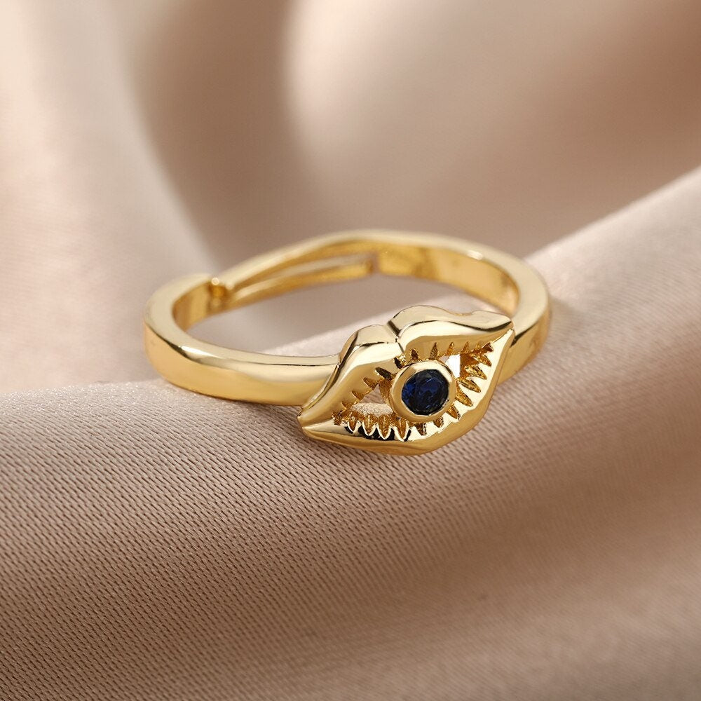 Punk Evil Eye Ring, 18K Gold Evil Eye Ring, Gold Lips Ring, Evil Eye Lips Ring, Punk Fashion Ring for Women, Gift for Her