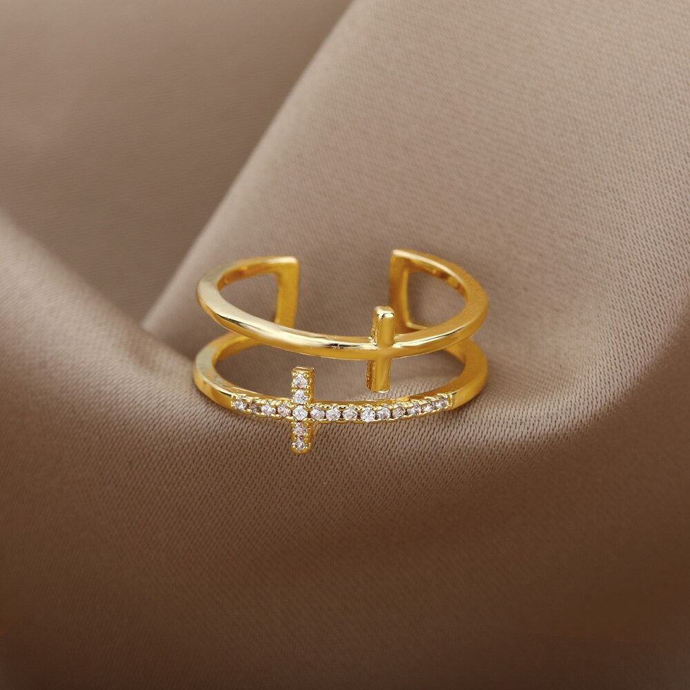 Catholic Cross Ring, 18K Gold Stackable, Christian Jesus Dainty Minimalist Jewelry, Religious Delicate Handmade for Women, Gift for Her
