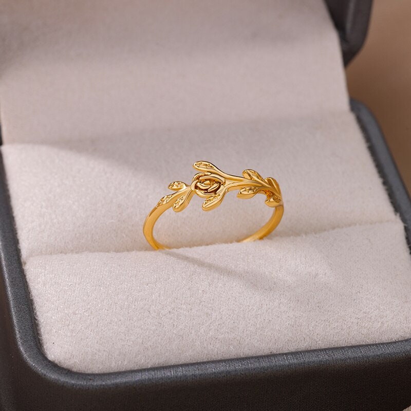 18K Gold Leaf Ring, Hippie Leaf Ring, Peace Ring, Hippie Fashion Ring for Women, Gift for Her
