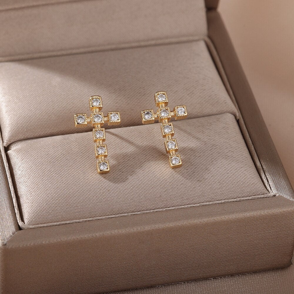 18K Gold Crystal Cross Earrings, Multicolor Cross Earrings, Cross Stud Earrings, Christian Earrings for Women, Gift for Her