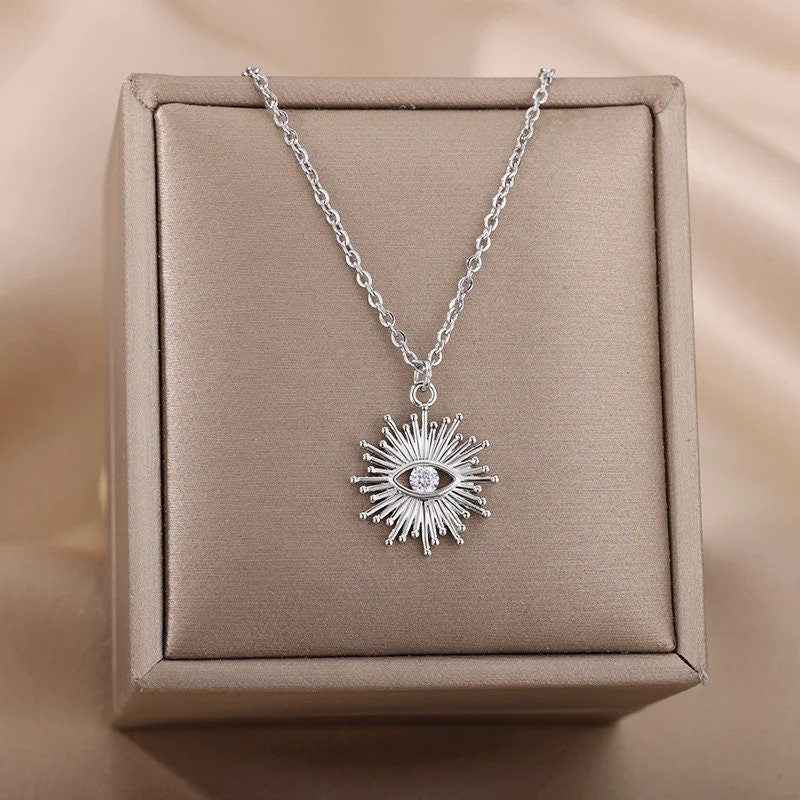 Gothic Sun Charm, 18K Gold Evil Eye Necklace, Gothic Fashion Necklace for Women, Gift for Her