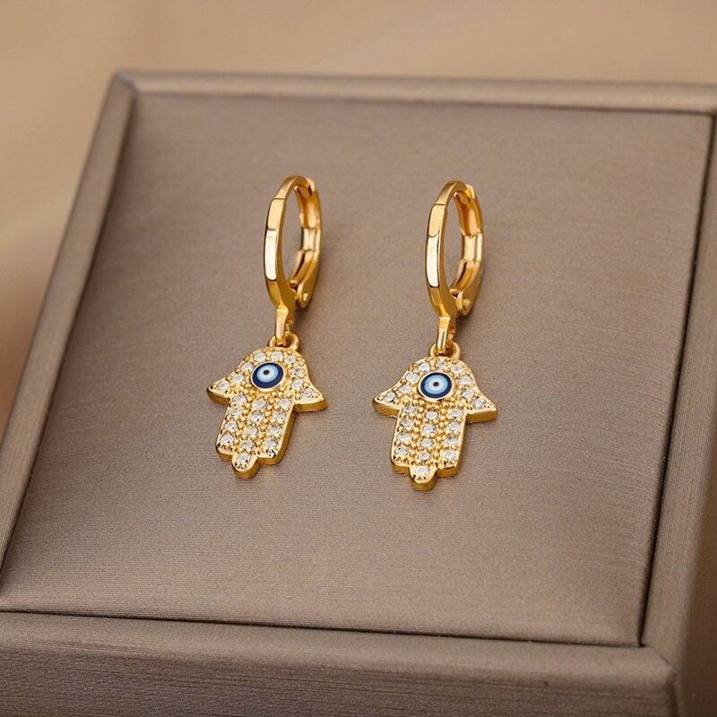 Gothic Evil Eye Earrings, Fatima Drop Earrings, Hamsa Drop Earrings, 18K Gold Evil Eye Earrings for Women, Gift for Her