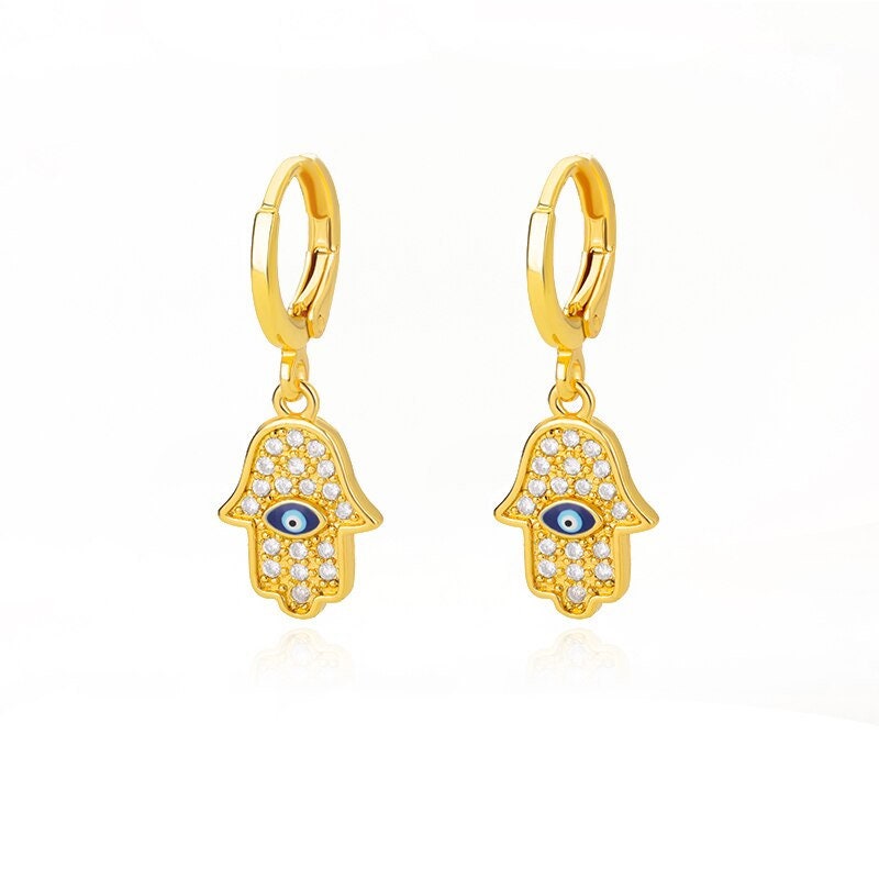 18K Gold Evil Eye Earrings, Fatima Earrings, Hamsa Earrings, Gothic Evil Eye Earrings for Women, Gift for Her