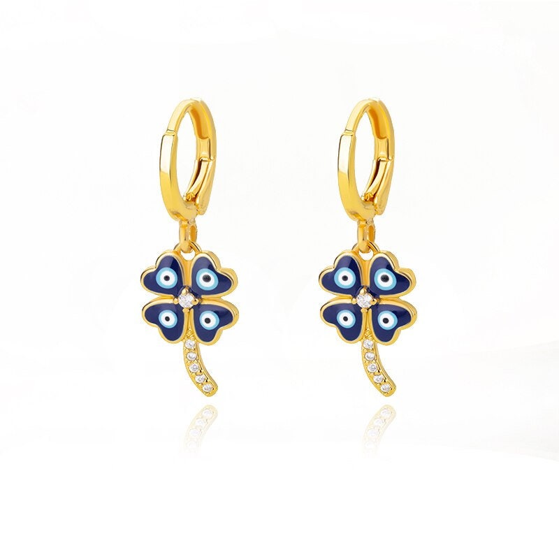Evil Eye Clover Earrings, 18K Gold Evil Eye Earrings, Gothic Evil Eye Earrings for Women, Gift for Her