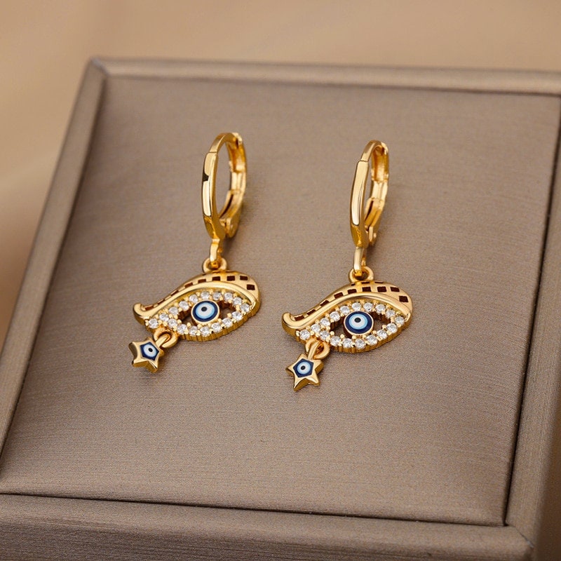 Gothic Evil Eye Earrings, 18K Gold Evil Eye Earrings, Crystal Evil Eye Earrings, Evil Eye Drop Earrings for Women, Gift for Her
