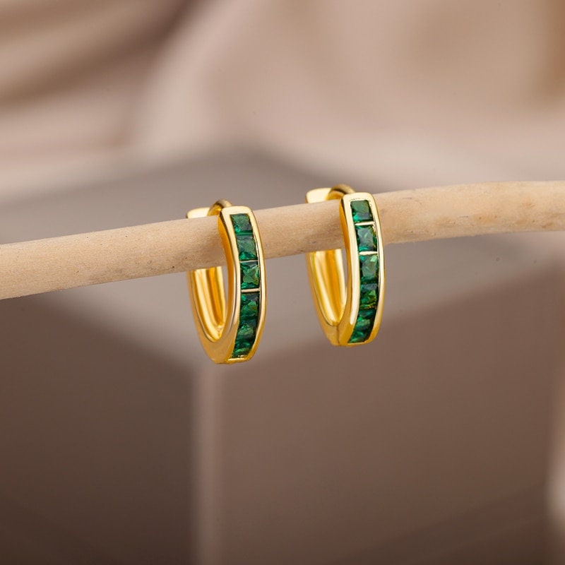 Crystal Hoop Earrings, 18K Gold Hoop Earrings, Green Hoops Earrings, Fashion Earrings for Women, Gift for Her