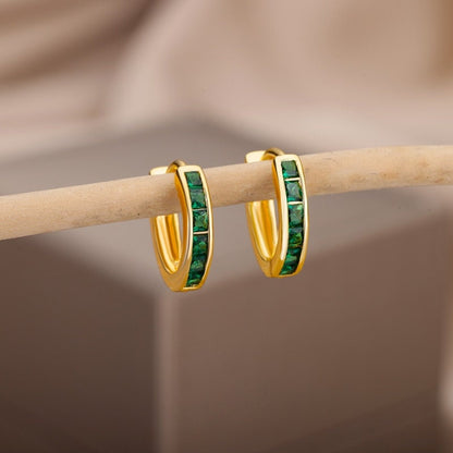 Crystal Hoop Earrings, 18K Gold Hoop Earrings, Green Hoops Earrings, Fashion Earrings for Women, Gift for Her
