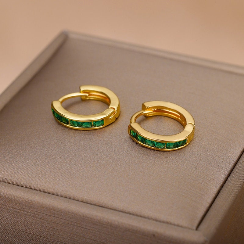 Crystal Hoop Earrings, 18K Gold Hoop Earrings, Green Hoops Earrings, Fashion Earrings for Women, Gift for Her