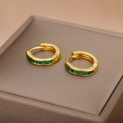 Crystal Hoop Earrings, 18K Gold Hoop Earrings, Green Hoops Earrings, Fashion Earrings for Women, Gift for Her