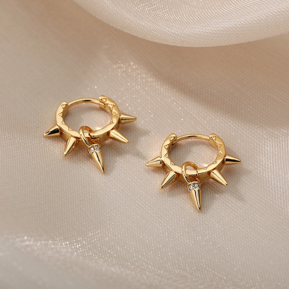 Punk Spiked Hoops, Gothic Spike Hoop Earrings for Women, 18K Gold Plated Dainty