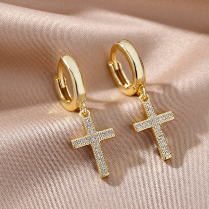 Cross Dangle Earrings, 18K Gold Cross Earrings, Jesus Earrings, Christian Earrings for Women, Gift for Her