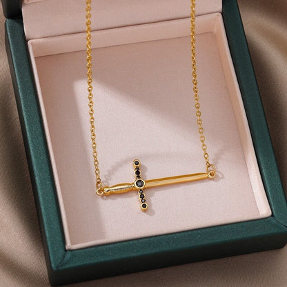 Punk Sword Dagger Pendant, 18K Gold Layered Necklace, Gothic Dainty