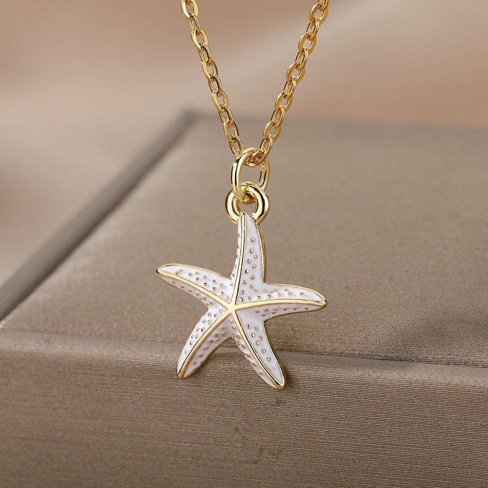 Cute Starfish Necklace, 18K Gold Starfish Necklace, Beach Tropical Fashion Necklace for Women, Gift for Her