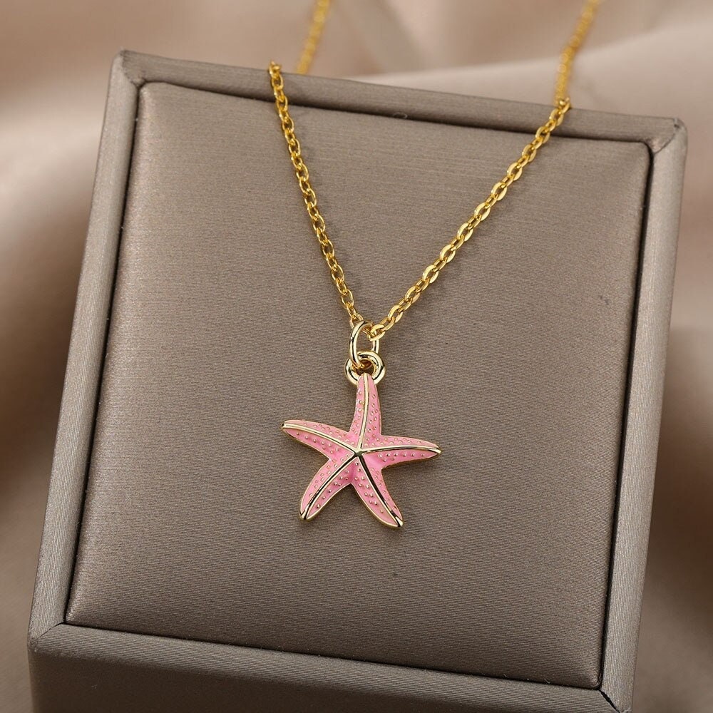 Cute Starfish Necklace, 18K Gold Starfish Necklace, Beach Tropical Fashion Necklace for Women, Gift for Her