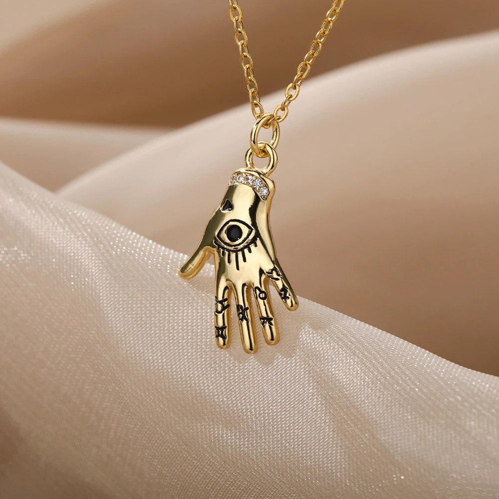 18K Gold Evil Eye Necklace, Fatima Hand Necklace, Gothic Protection Necklace for Women, Gift for Her