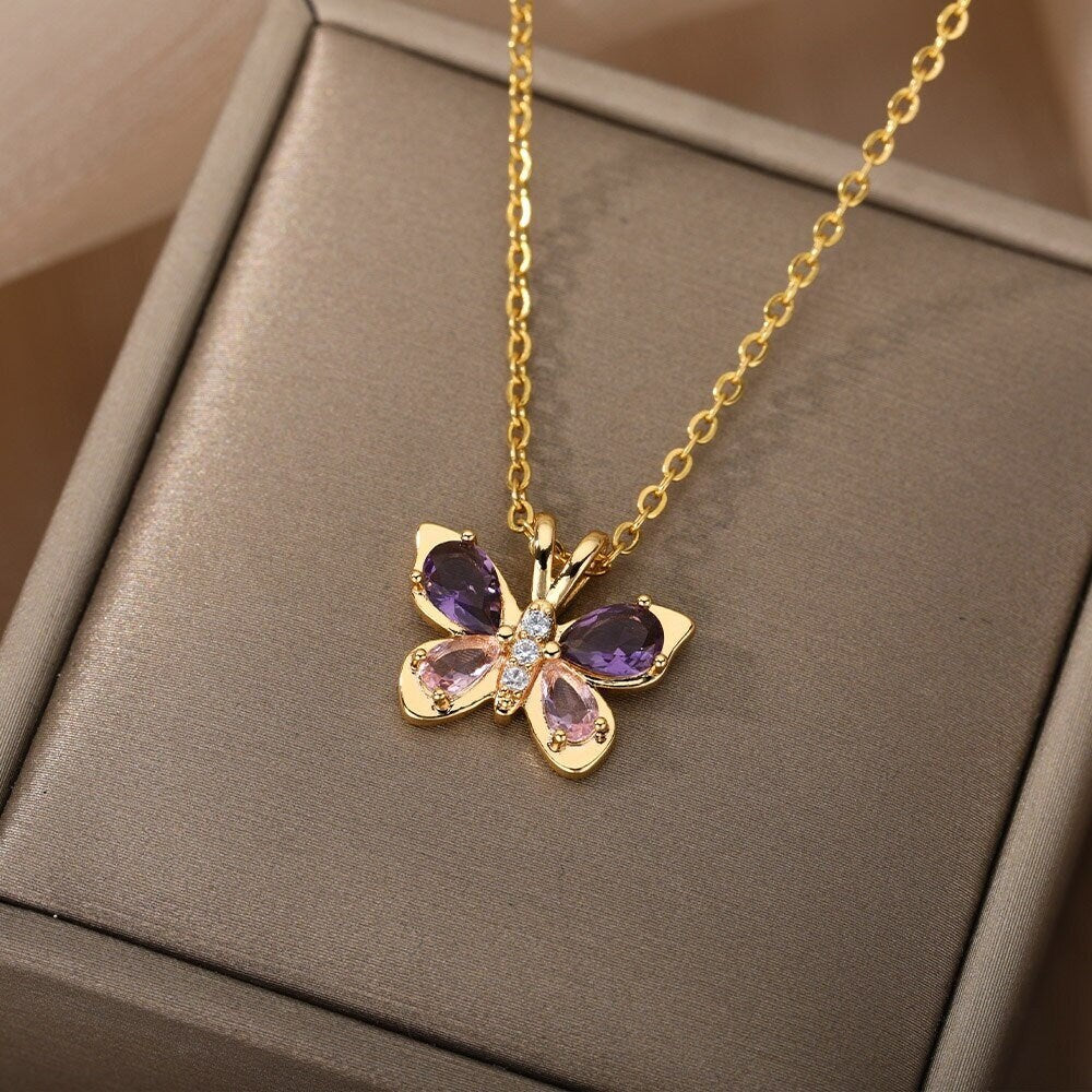 Delicate Butterfly Charm, Purple Butterfly Necklace, 18K Gold Butterfly Necklace for Women, Gift for Her