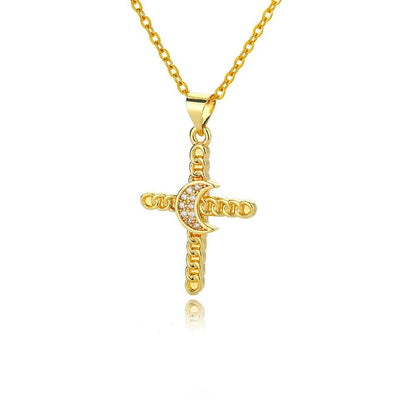 Gothic Moon Charm, 18K Gold Cross Necklace, Moon Cross Necklace for Women, Gift for Her