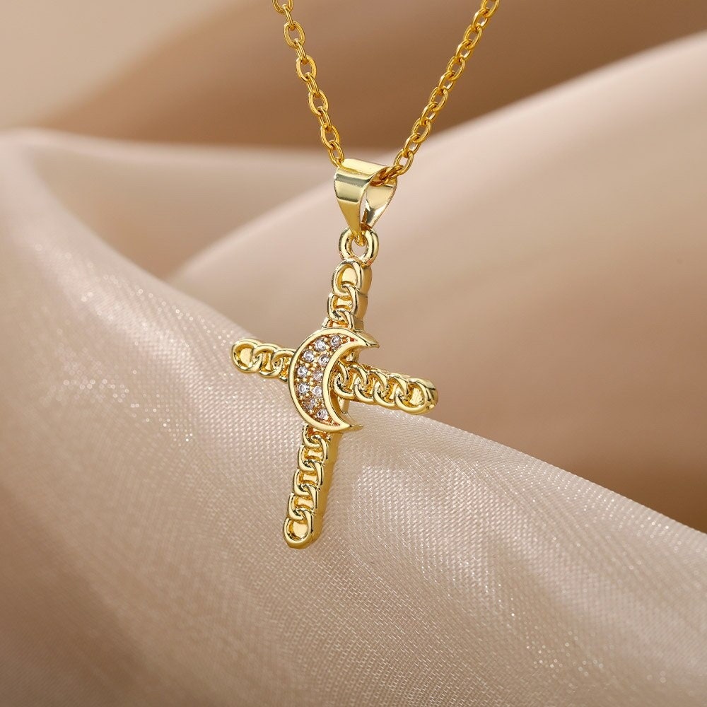 Gothic Moon Charm, 18K Gold Cross Necklace, Moon Cross Necklace for Women, Gift for Her