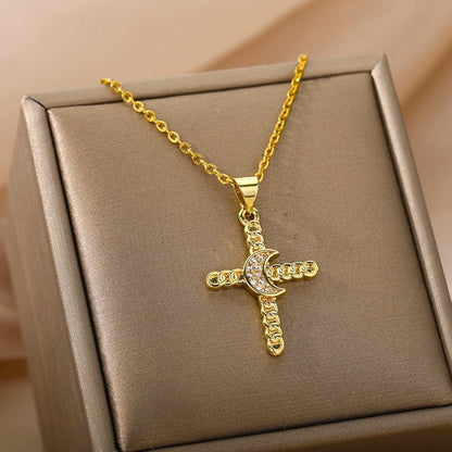 Gothic Moon Charm, 18K Gold Cross Necklace, Moon Cross Necklace for Women, Gift for Her