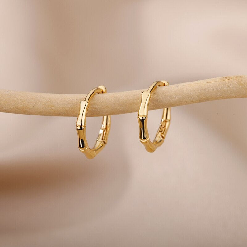 Bamboo Hoop Earrings, 18K Gold Hoop Earrings, Bamboo Hippie Earrings for Women, Gift for Her