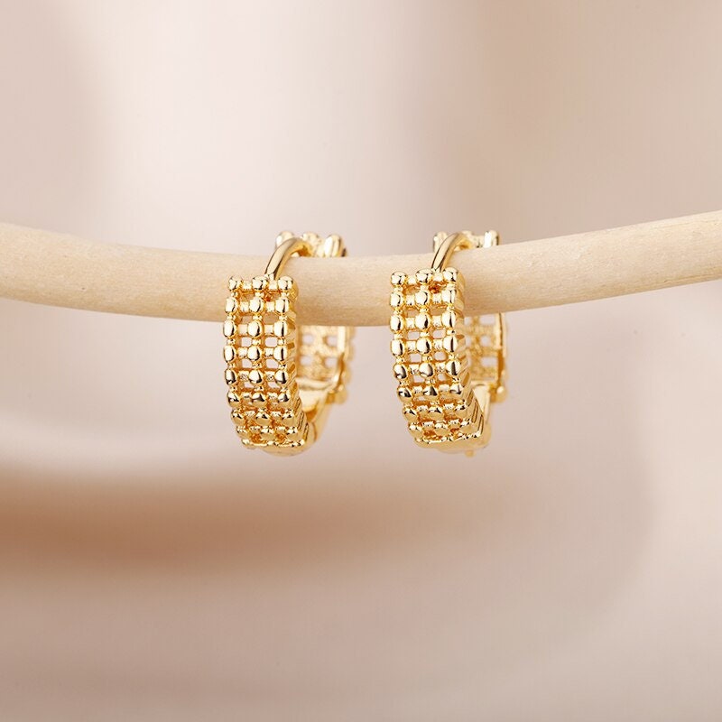 Link Hoop Earrings, 18K Gold Link Hoop Earrings, Beaded Link Earrings, Punk Earrings for Women, Gift for Her
