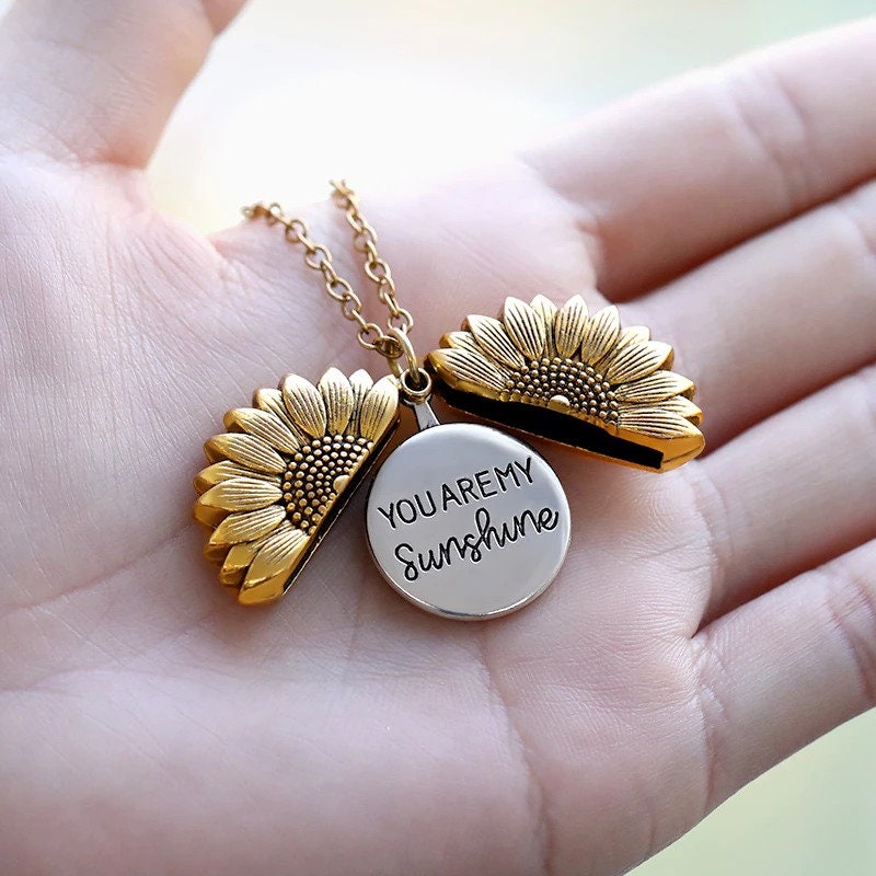 18K Gold Sunflower Necklace, You Are My Sunshine Locket Pendant, Dainty Locket Charm Necklace for Women, Gift for Her