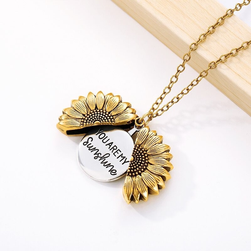 18K Gold Sunflower Necklace, You Are My Sunshine Locket Pendant, Dainty Locket Charm Necklace for Women, Gift for Her