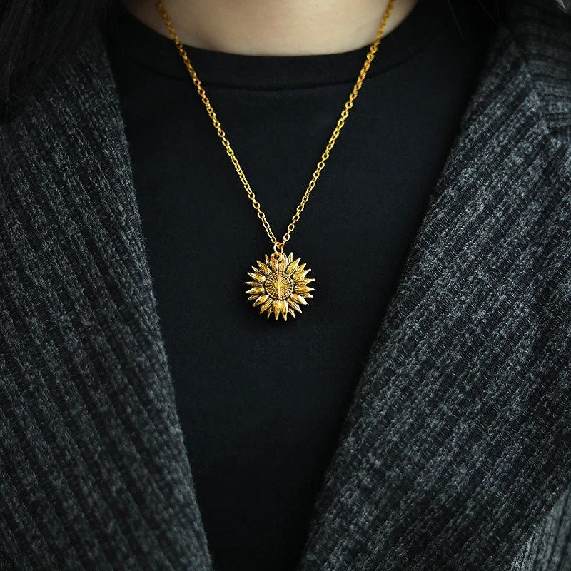 18K Gold Sunflower Necklace, You Are My Sunshine Locket Pendant, Dainty Locket Charm Necklace for Women, Gift for Her