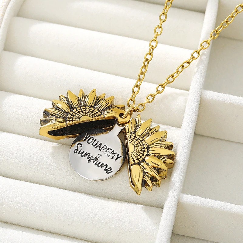 18K Gold Sunflower Necklace, You Are My Sunshine Locket Pendant, Dainty Locket Charm Necklace for Women, Gift for Her