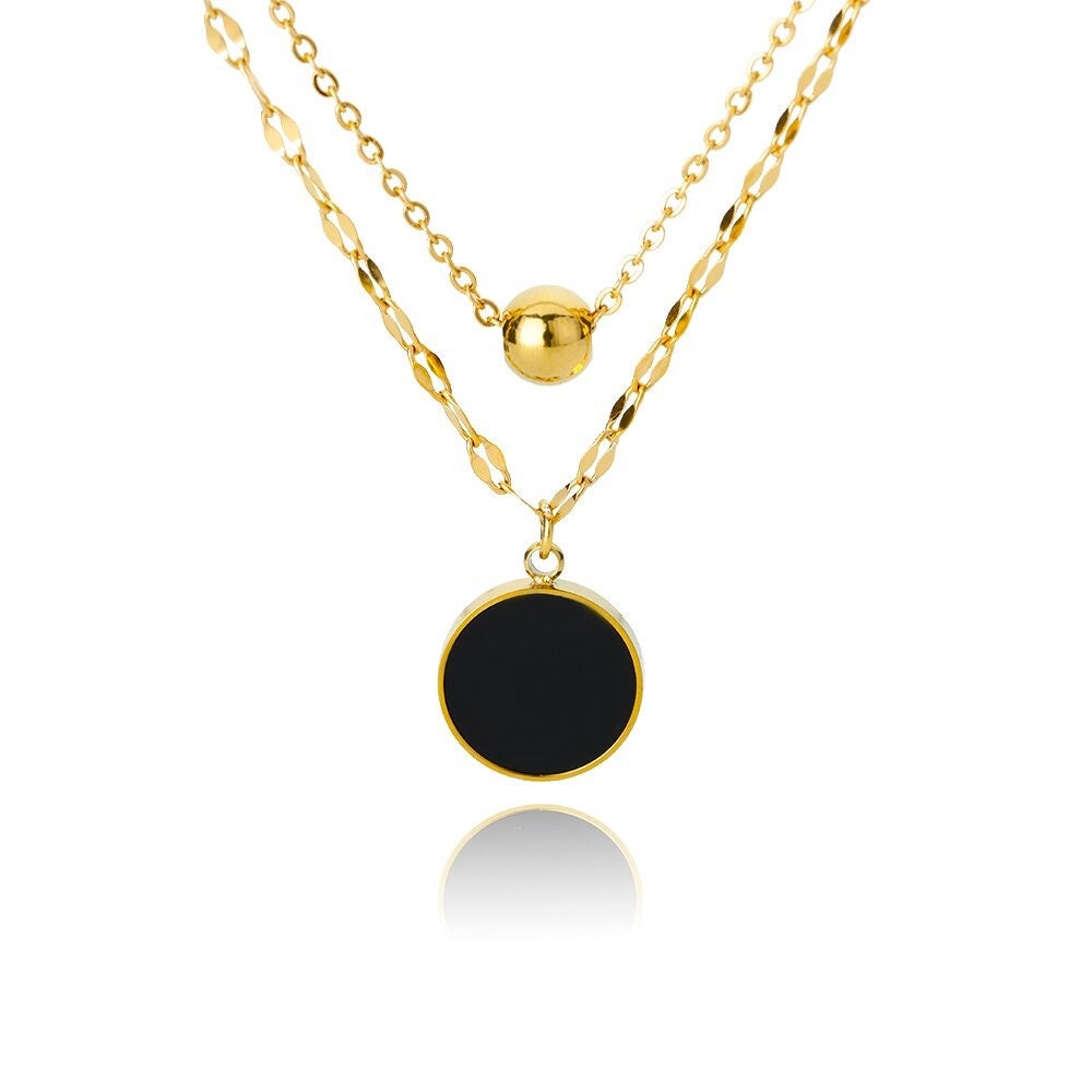 Dainty Black Charm Necklace, 18K Gold Black Coin Necklace, Punk Fashion Necklace for Women, Gift for Her