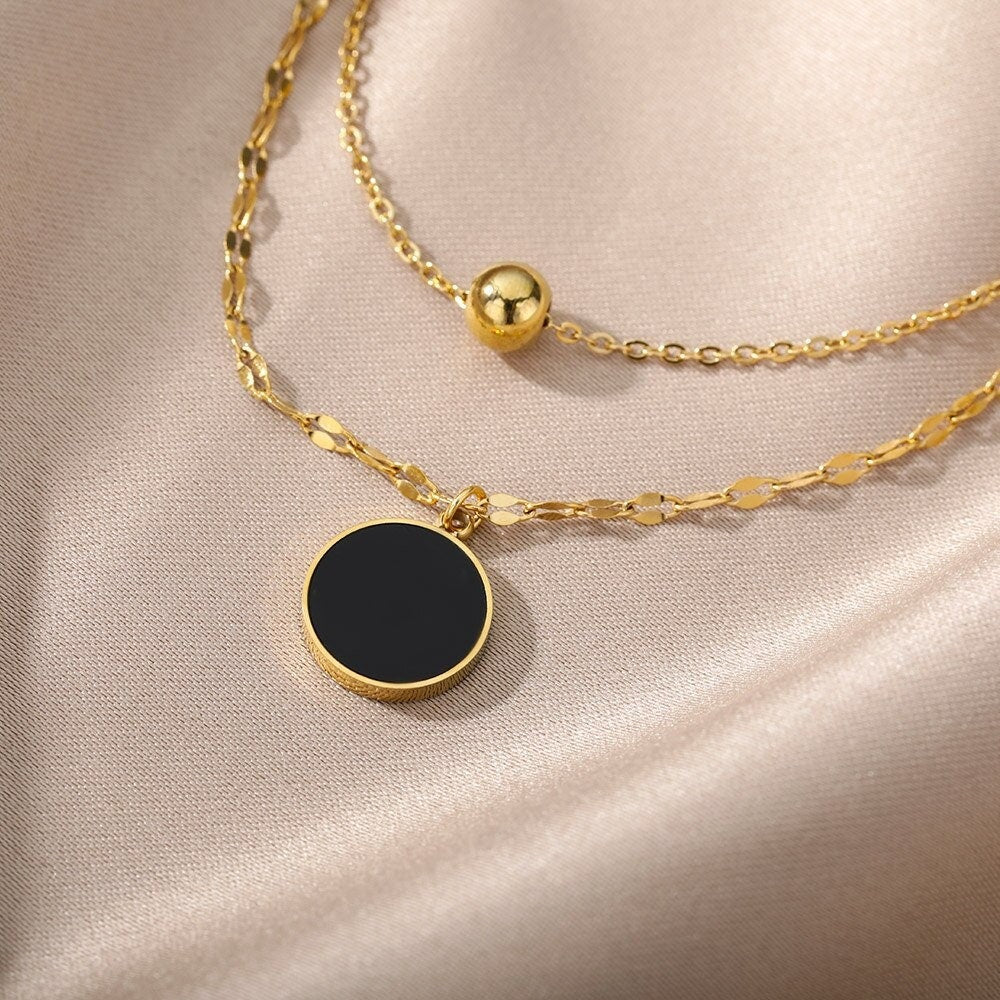 Dainty Black Charm Necklace, 18K Gold Black Coin Necklace, Punk Fashion Necklace for Women, Gift for Her