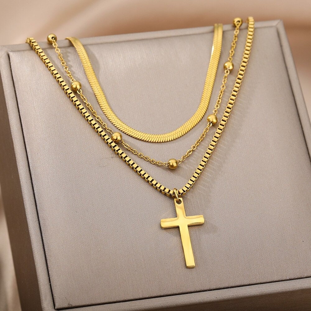 18K Gold Cross Necklace, Gold Layered Necklace, Christian Fashion Necklace for Women, Gift for Her