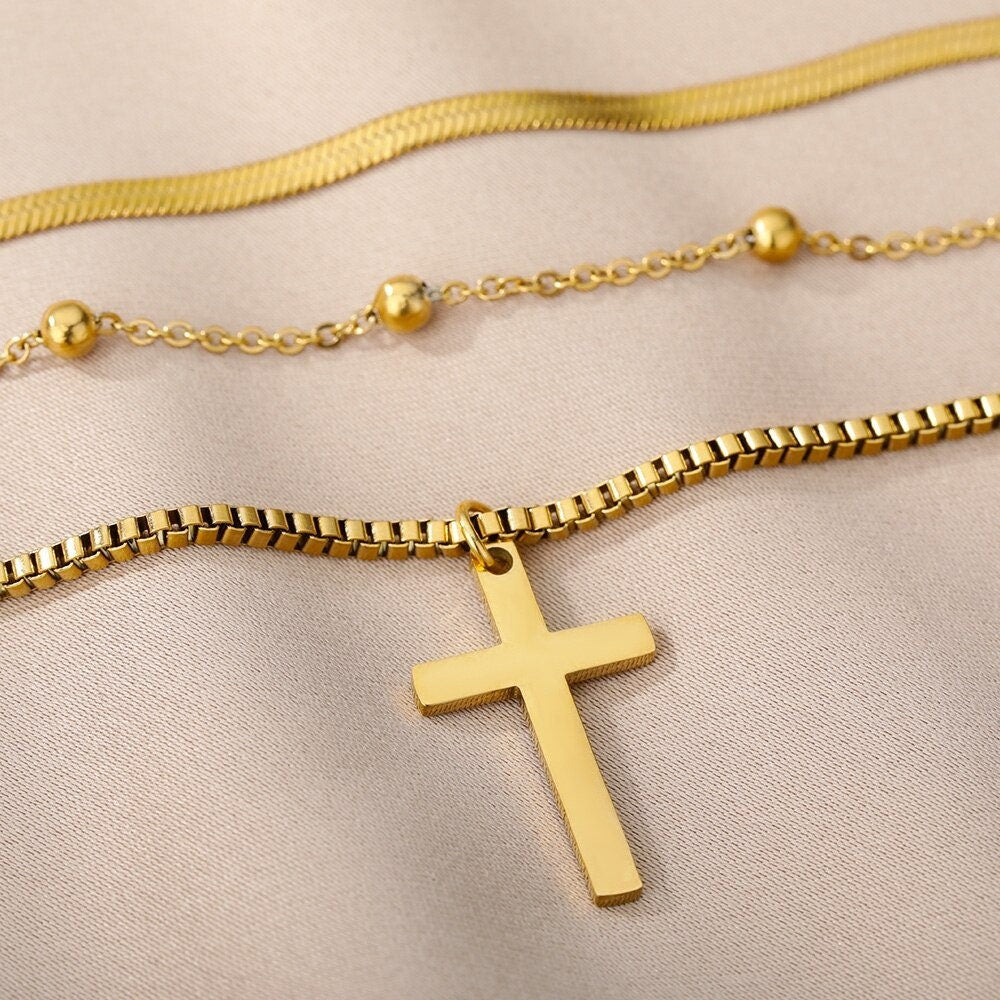 18K Gold Cross Necklace, Gold Layered Necklace, Christian Fashion Necklace for Women, Gift for Her