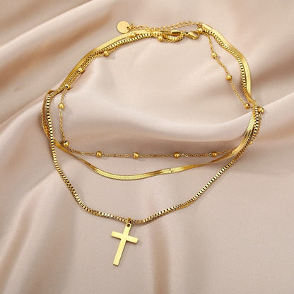 18K Gold Cross Necklace, Gold Layered Necklace, Christian Fashion Necklace for Women, Gift for Her